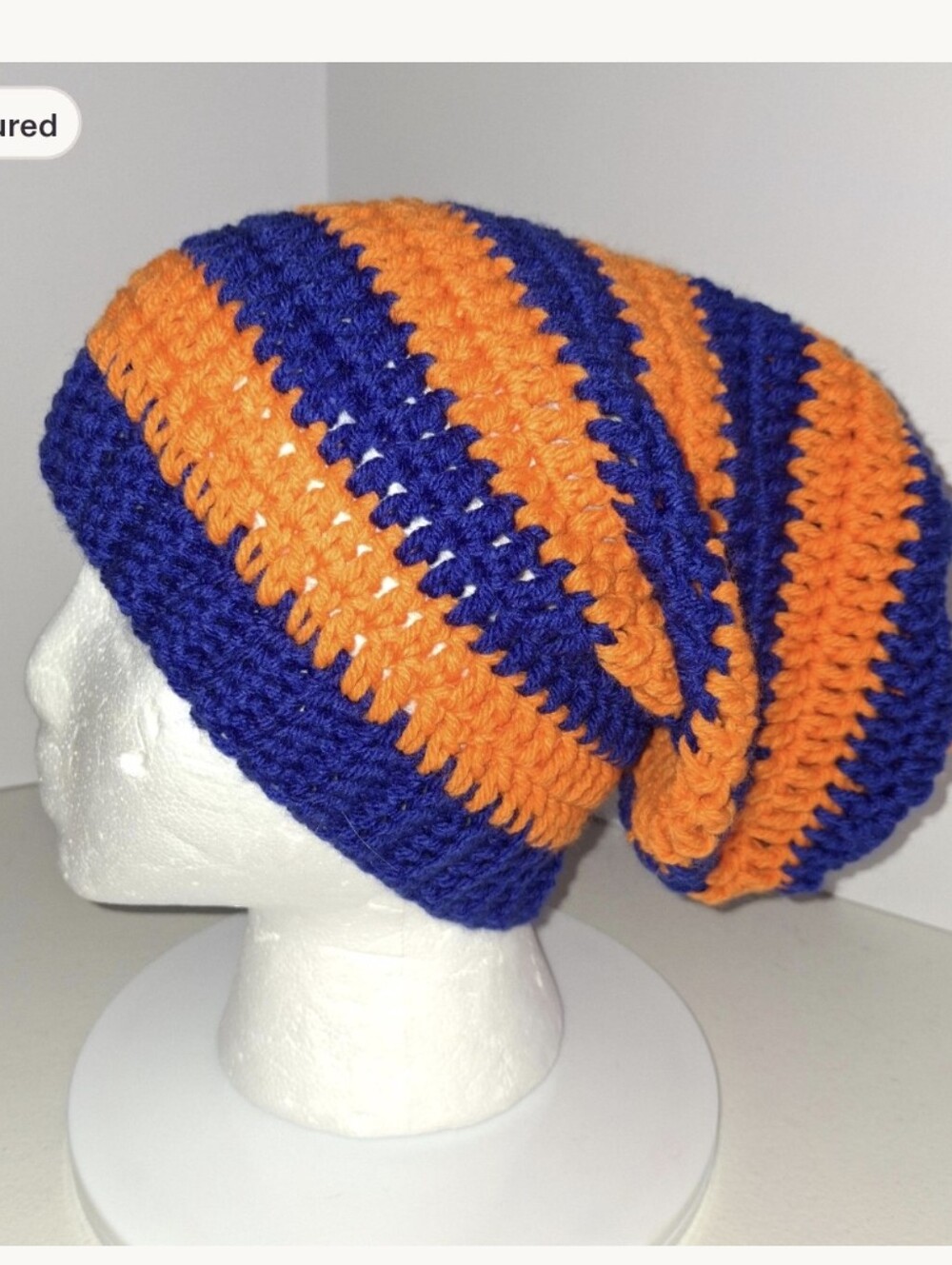Beanie Slouchy Cap XL Blue And Orange Striped Crocheted Handmade